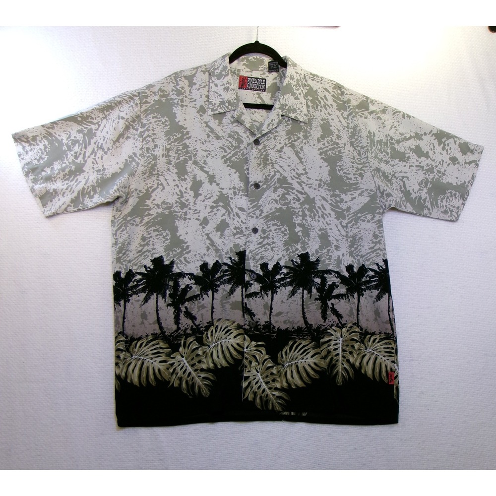 Pineapple Connection Mens XL Grey Palm Tree Monstera Tropical Camp Shirt XL